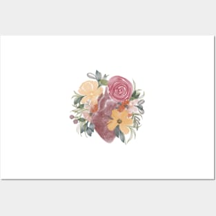Anatomy of Heart in watercolor with florals Posters and Art